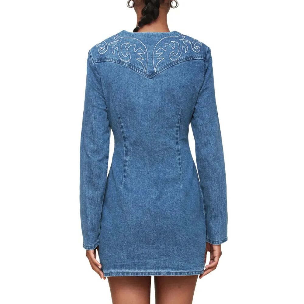 New Avec Les Filles Western Embroidered Long Sleeve Denim Rodeo Minidress Size 8 - Picture 4 of 12